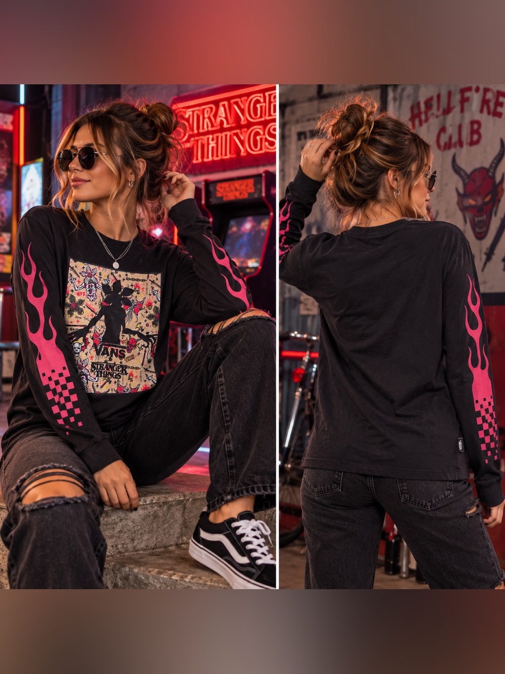 Vans x Stranger Things Black Flame Graphic Long Sleeve Shirt XS